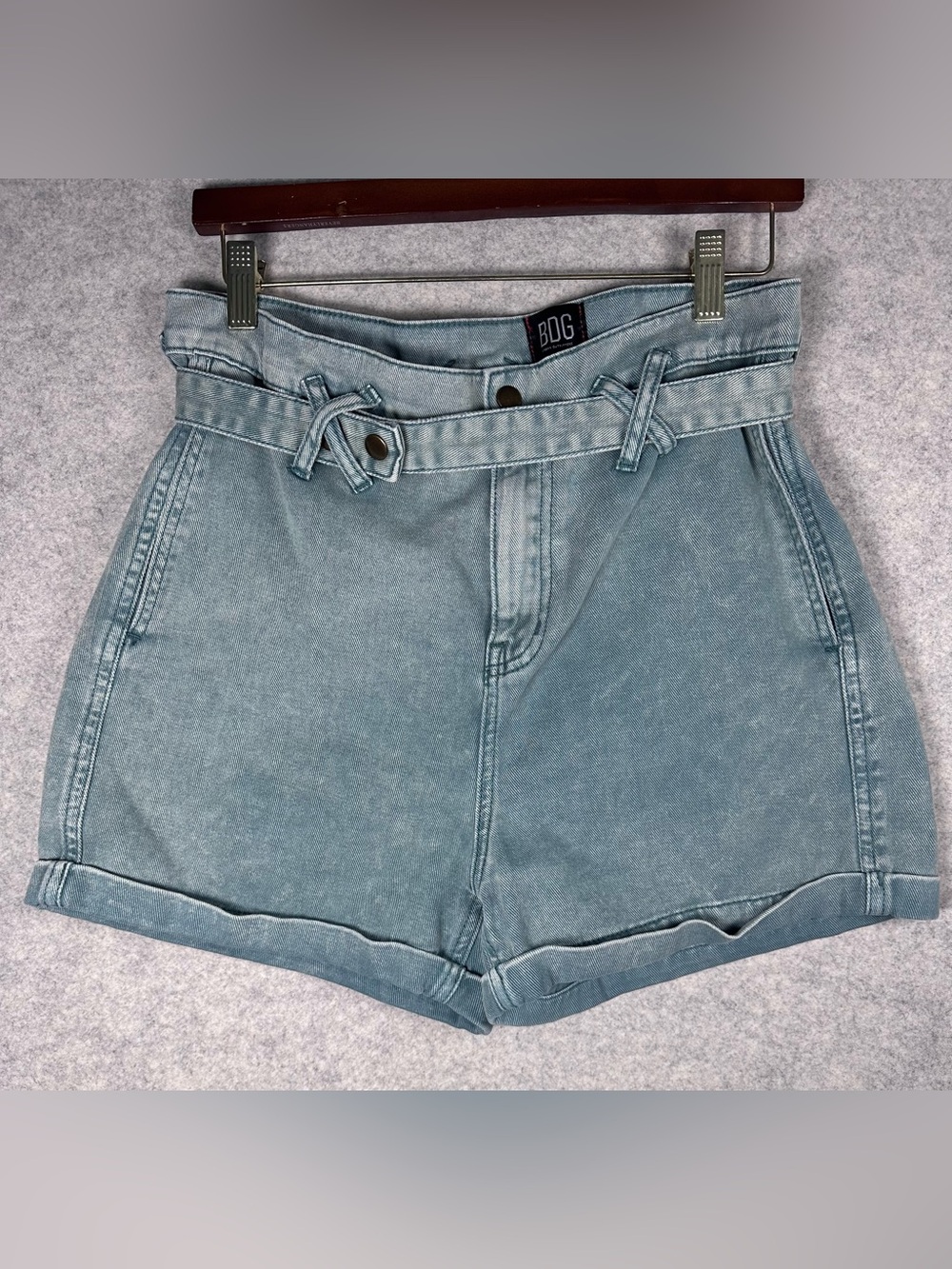 BDG Light Blue High-Rise Paperbag Denim Shorts with Tie Belt